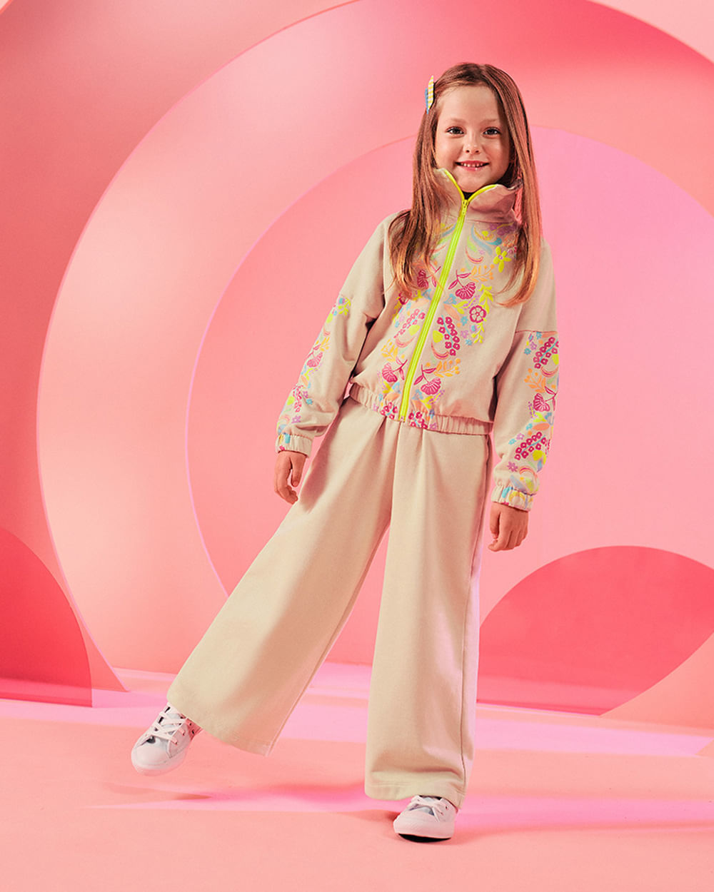 Conjunto Infantil Menina com Jaqueta Estampada Kely Kety - Bege