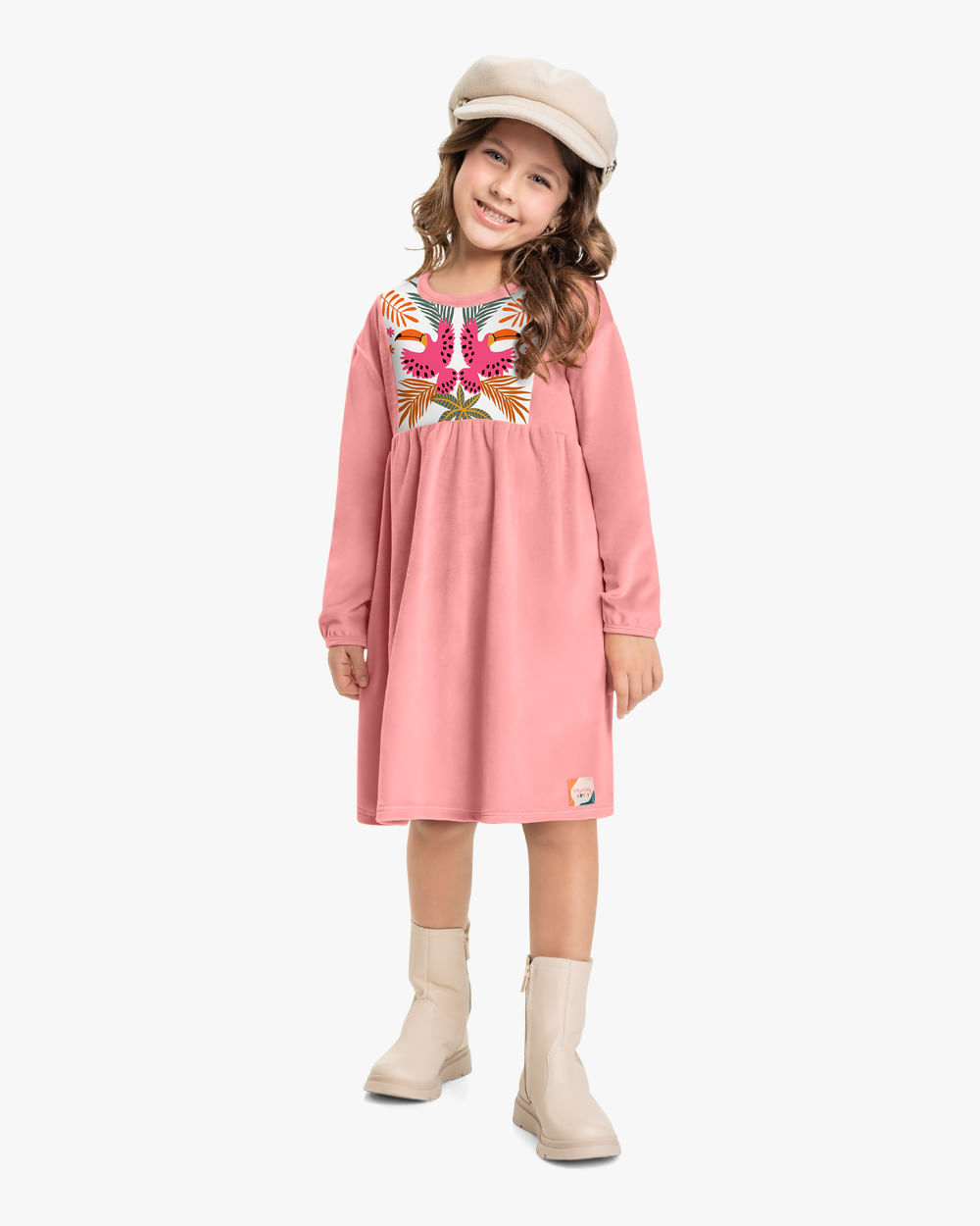 Vestido Infantil Manga Longa em Veludo Kely Kety Rosa