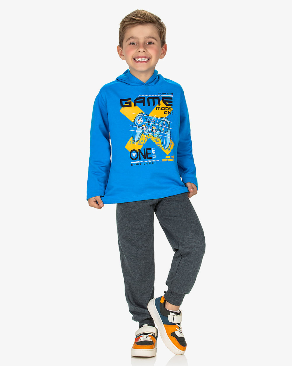 Conjunto Infantil Menino com Blusão Estampa Game ReiRex - Azul