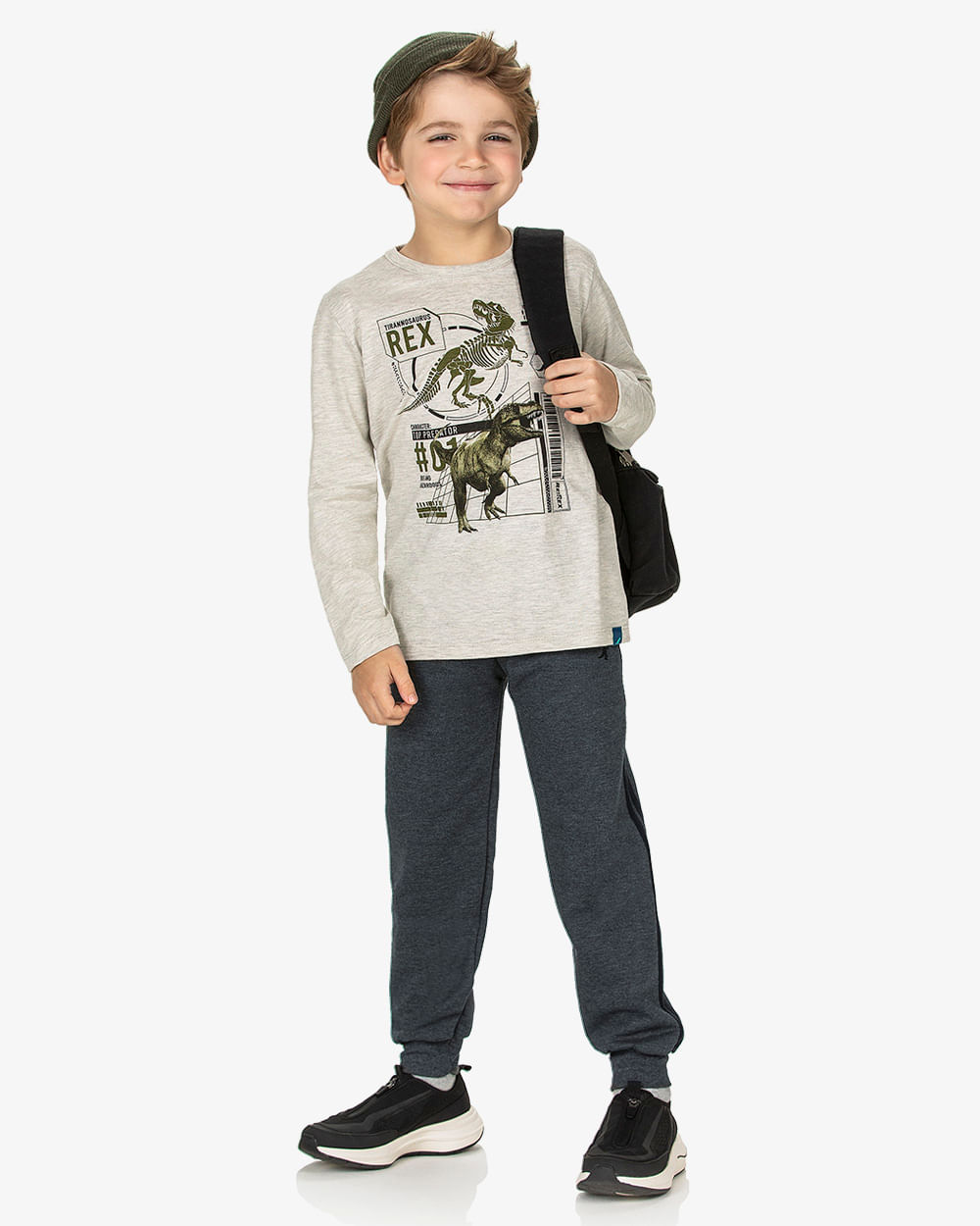 Camiseta Infantil Manga Longa Estampa Dinossauro ReiRex- Mescla