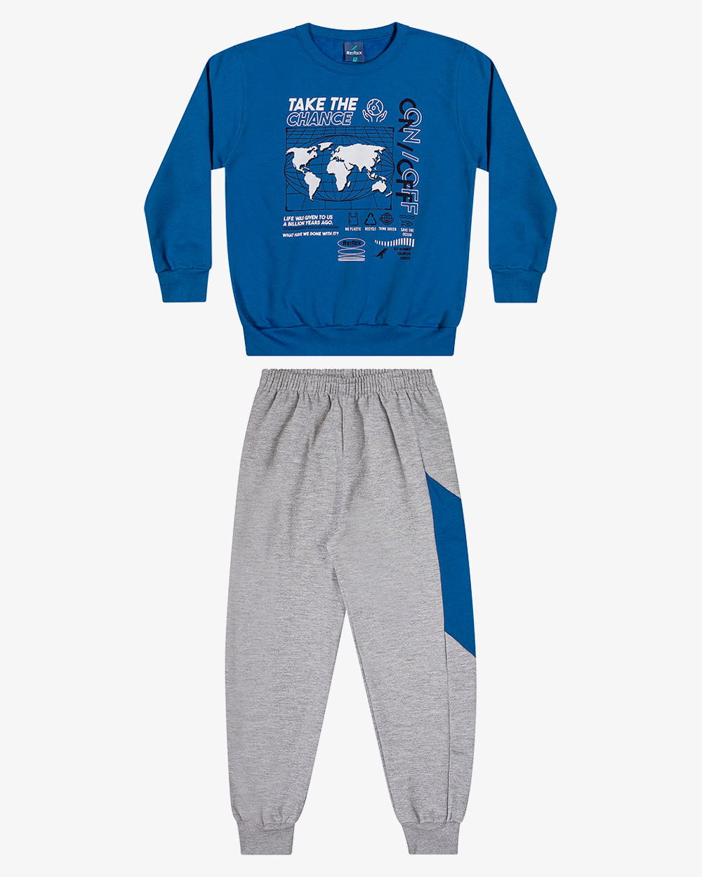 Conjunto Infantil Menino com Blusão Estampado ReiRex -Azul