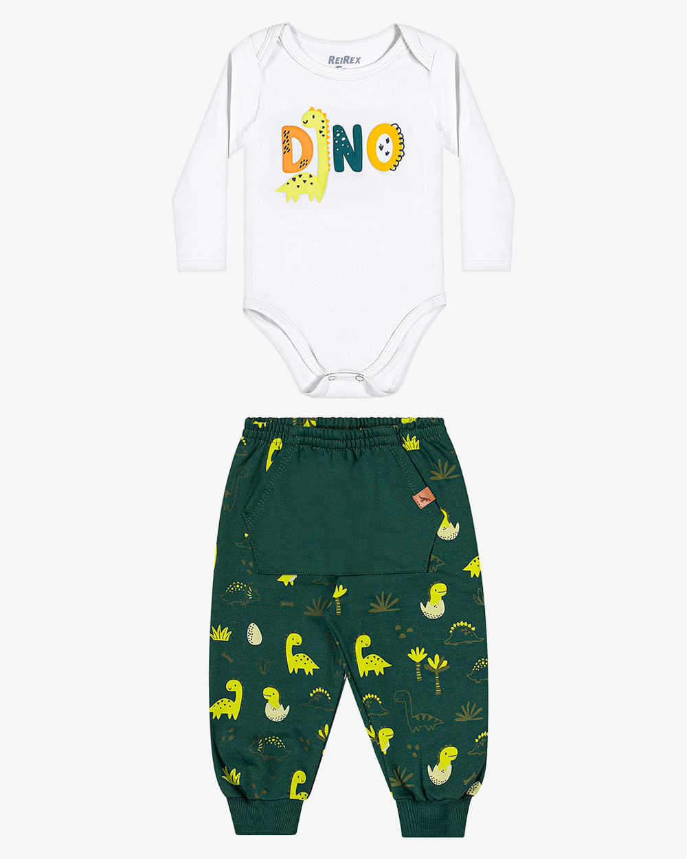 Conjunto Bebê Menino Body e Calça Estampada Dino  ReiRex - Branco