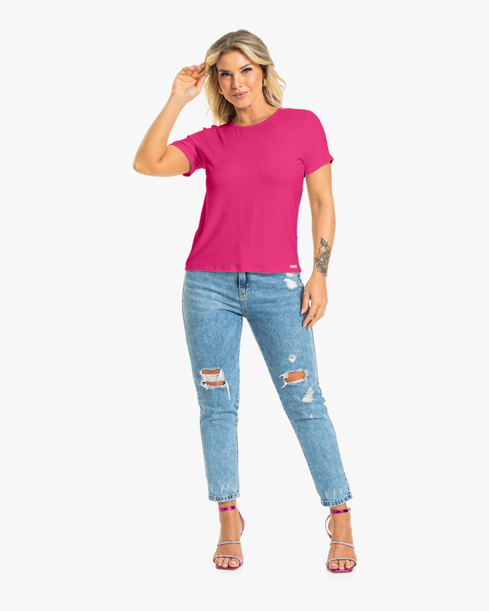 Blusa Básica  Manga Curta em Meia Malha Cereja Rosa