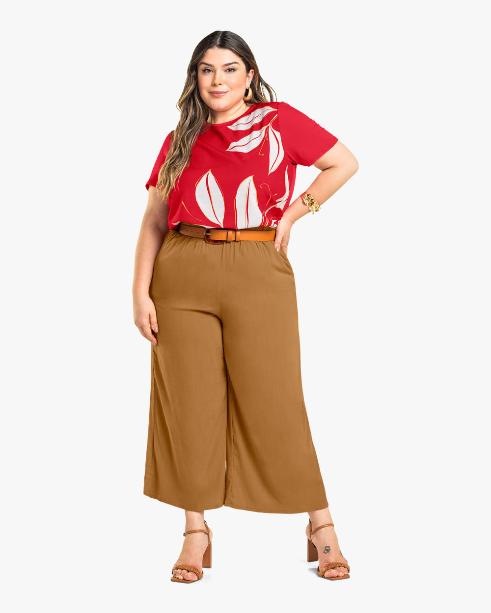 Blusa Manga Curta Plus Size Estampada Cereja Rosa