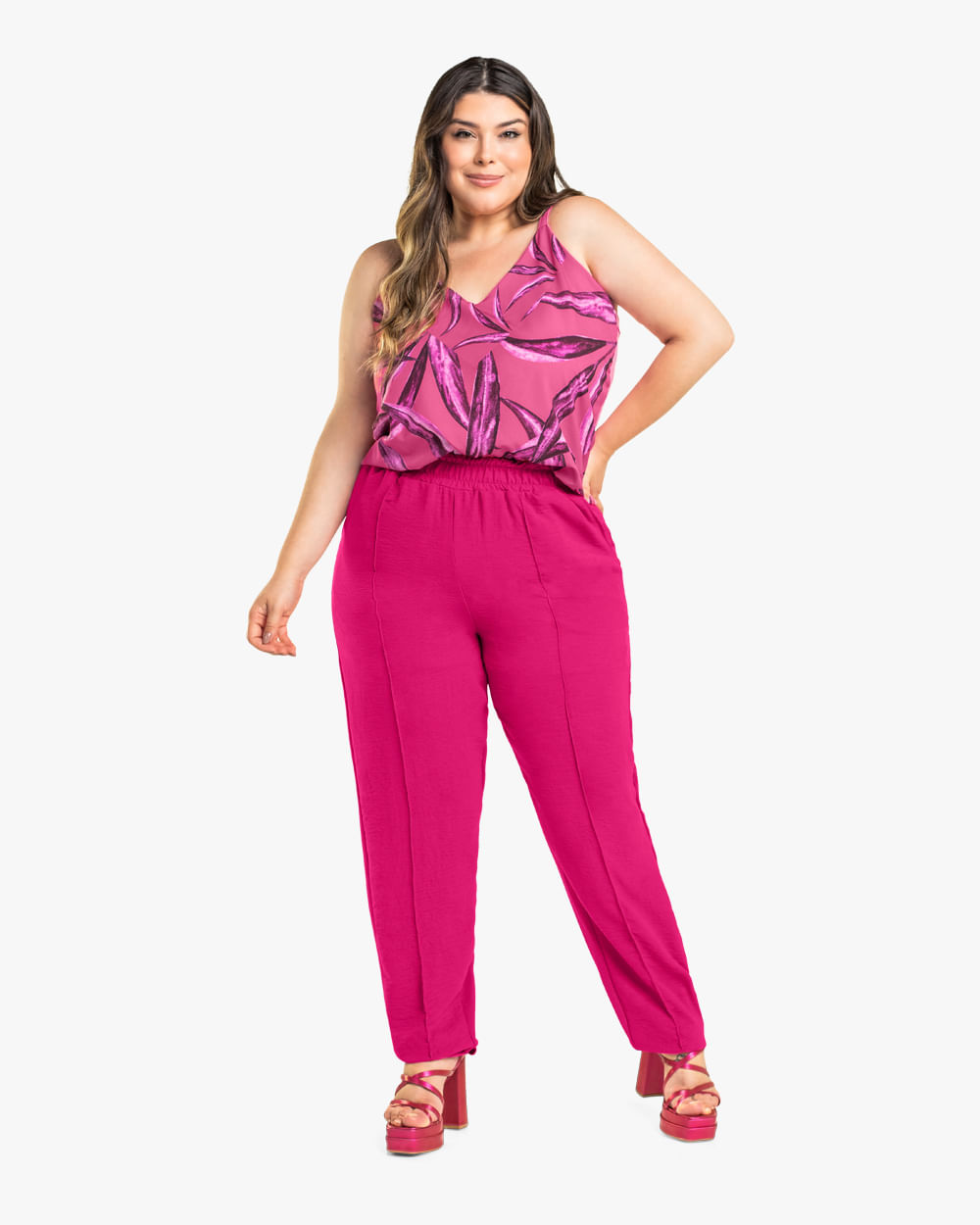 Blusa Alça Fina Estampada Plus Size Cereja Rosa