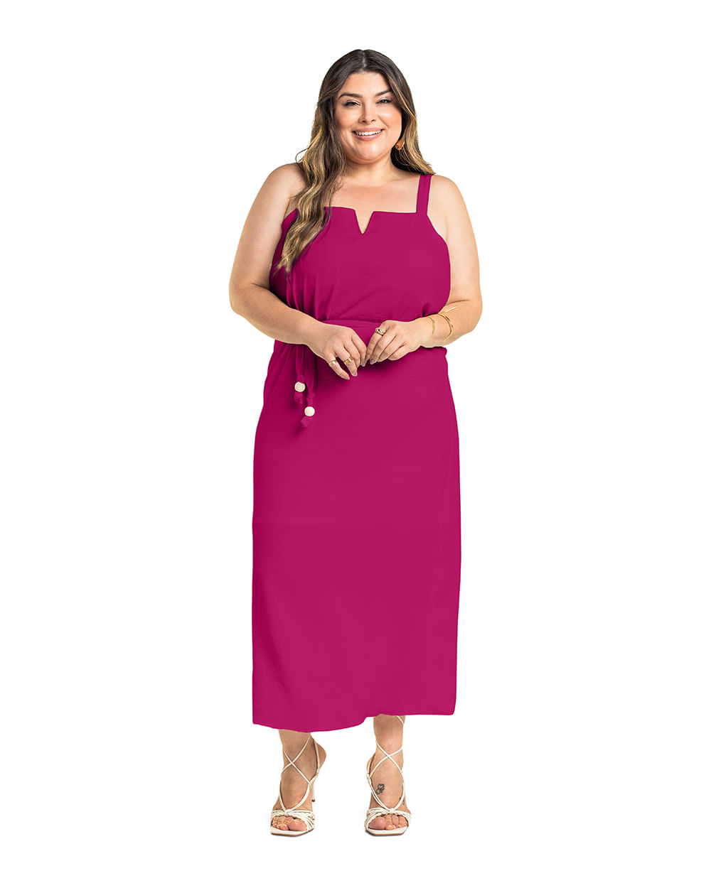 Vestido Midi Plus Size com Cinto Cereja Rosa