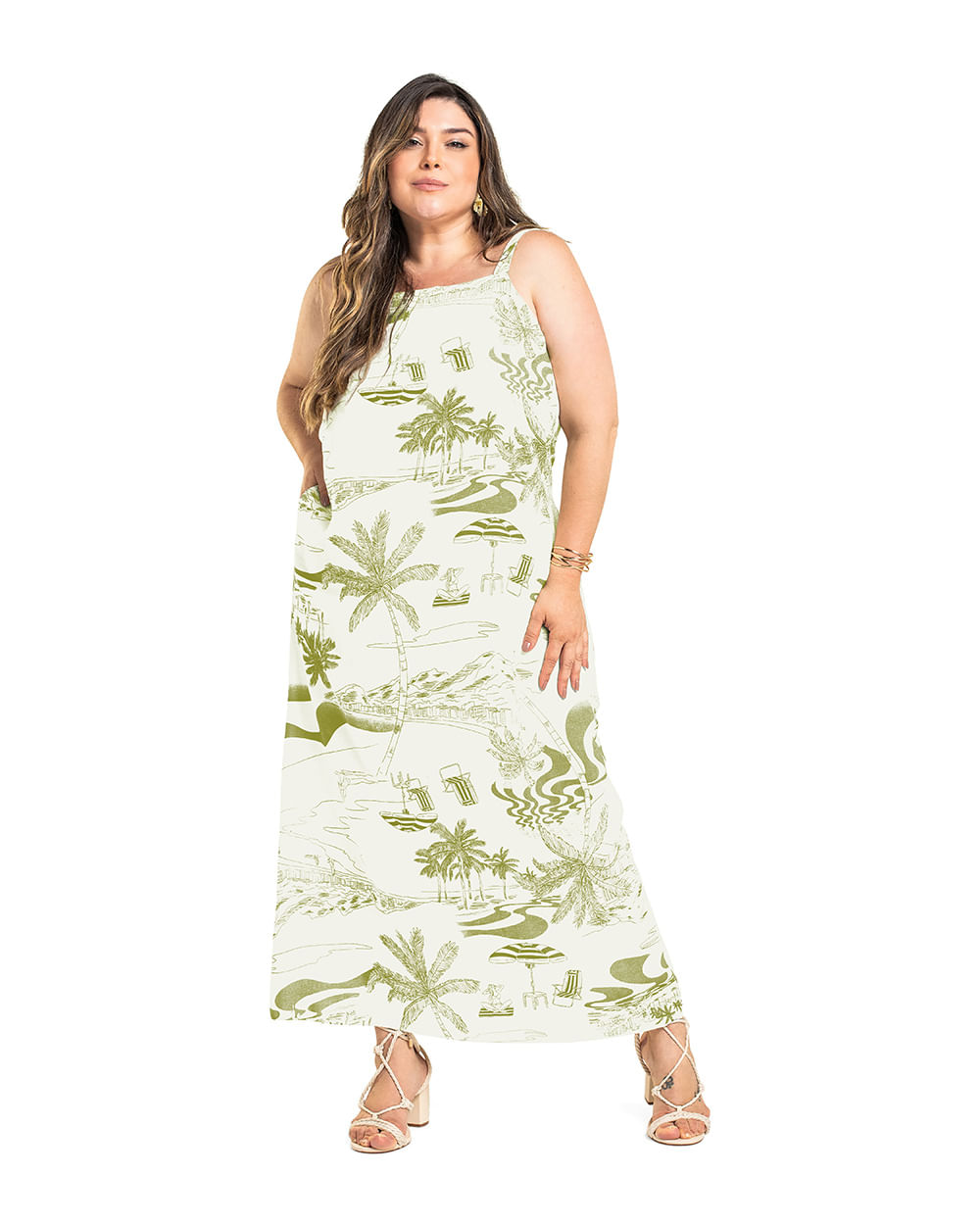 Vestido Longo Plus Size Estampado com Bolso Cereja Rosa