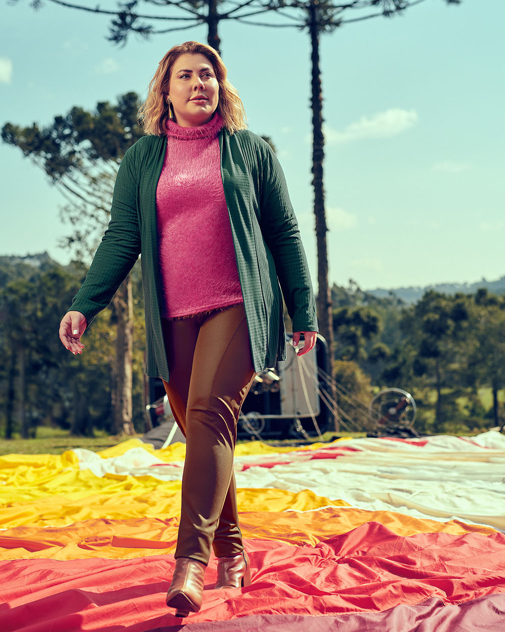 Cardigan Plus Size em Malha Canelada Cereja Rosa Verde