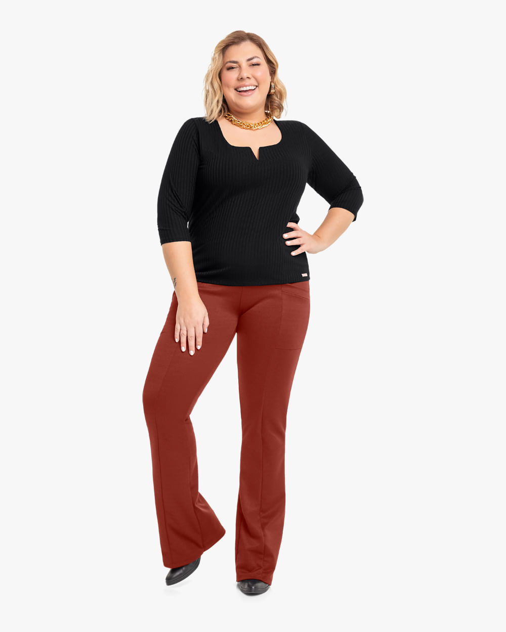 Calça Flare Plus Size  em Malha Montaria Cereja Rosa Ferrugem