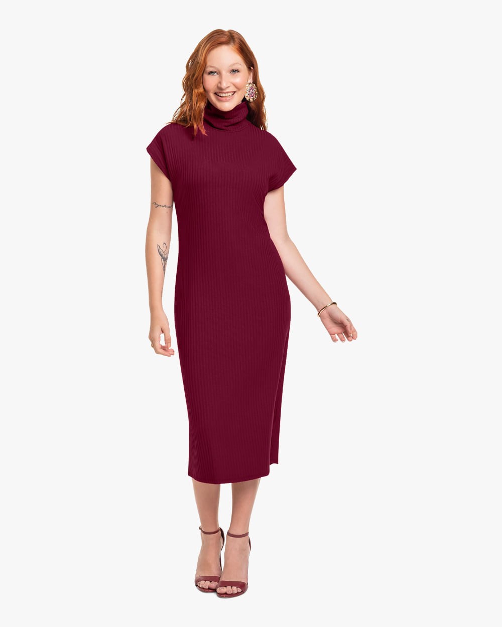 Vestido Midi Canelado com Gola Alta Cereja Rosa Vinho