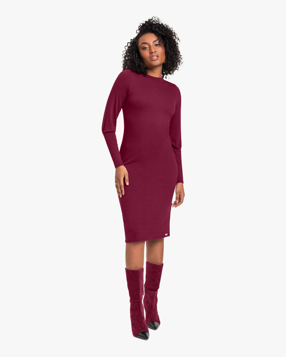 Vestido Midi Manga Longa em Viscose Vinho Cereja Rosa