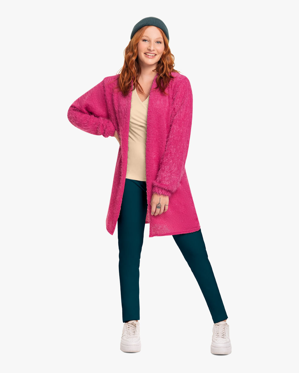 Cardigan Alongado em Tricô Cereja Rosa Babalu