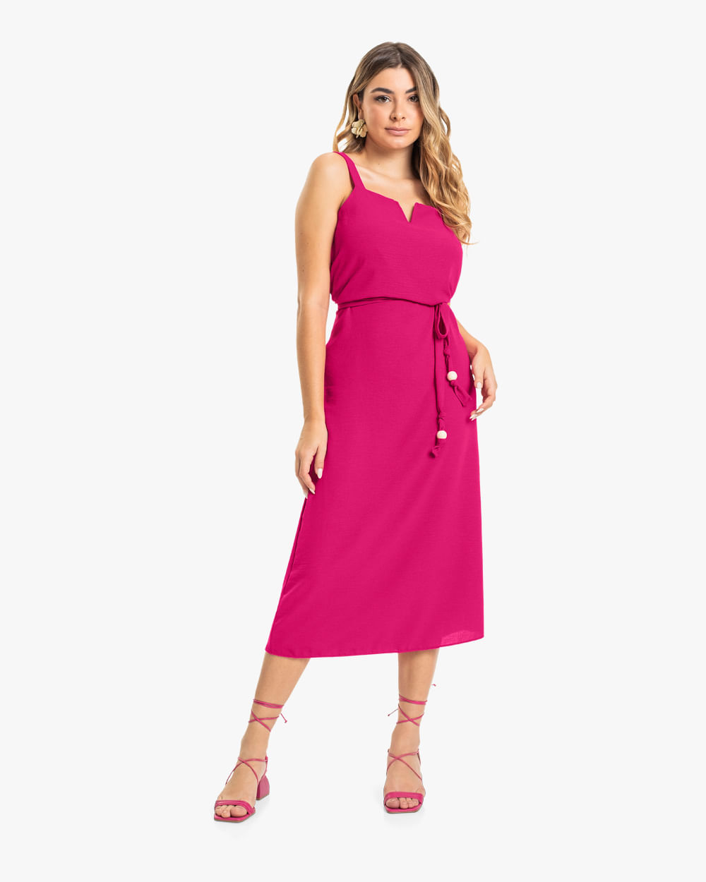 Vestido Midi em Tecido Crepe com Cinto Cereja Rosa