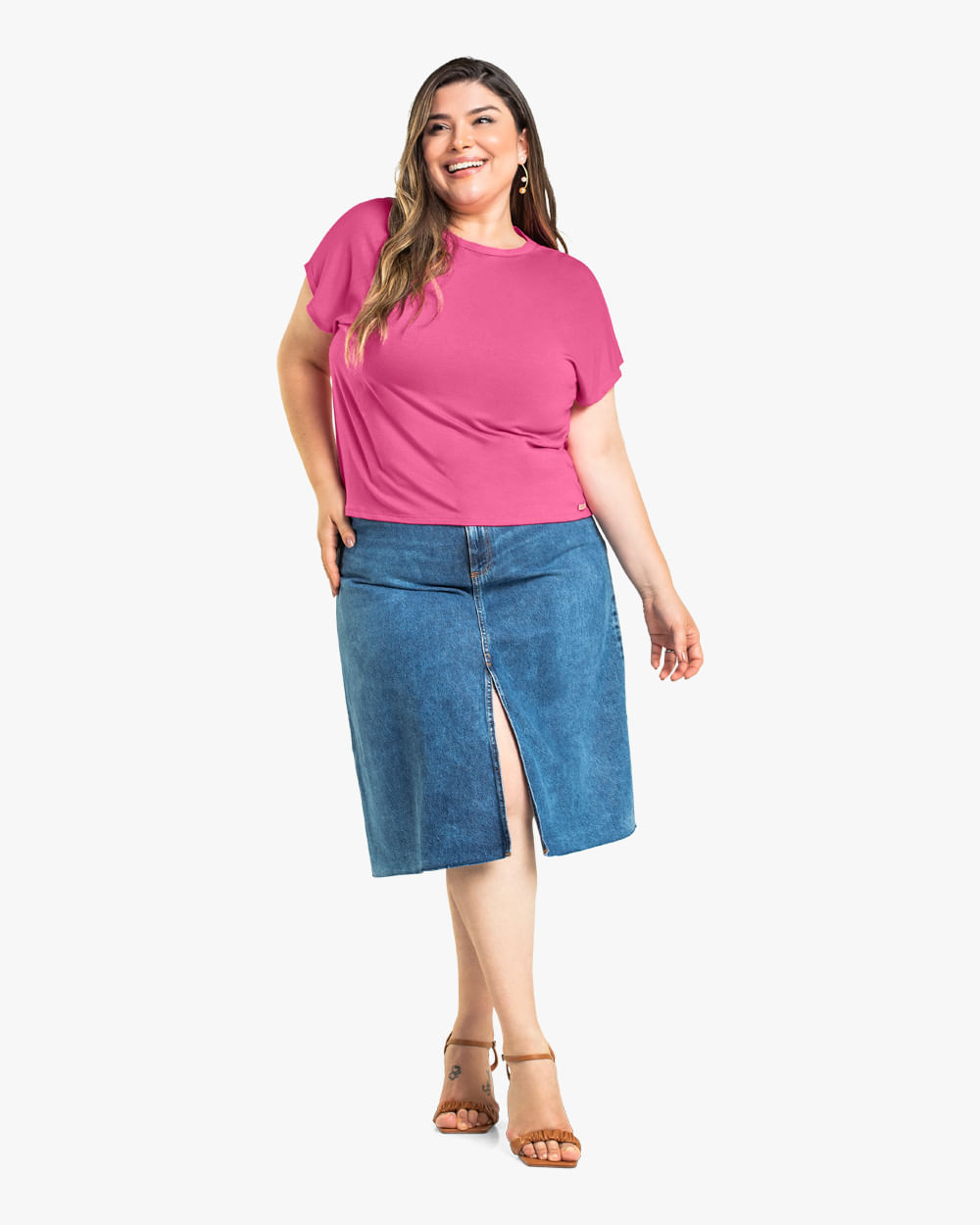 Blusa Básica Plus Size Manga Curta Cereja Rosa