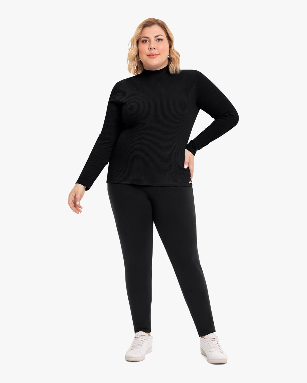 Blusa Básica Plus Size em Canelado Cereja Rosa Preto