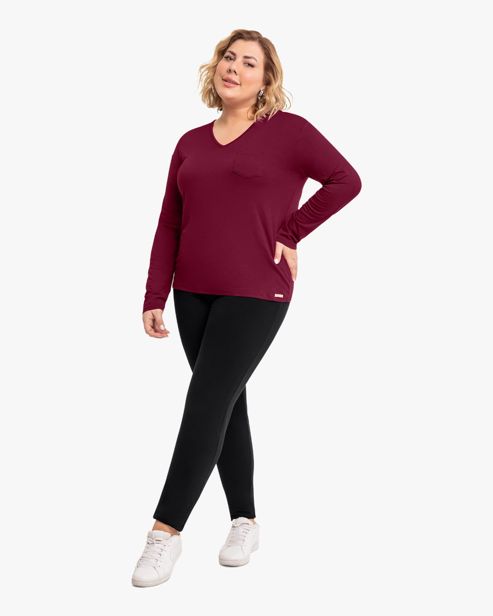 Blusa Básica Plus Size Manga Longa Cereja Rosa Vinho