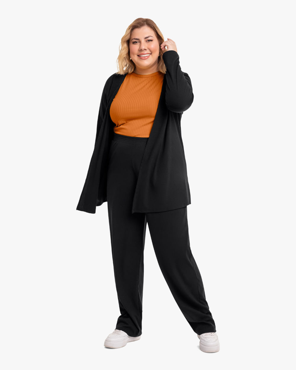 Cardigan Básico Plus Size em Canelado Cereja Rosa Preto