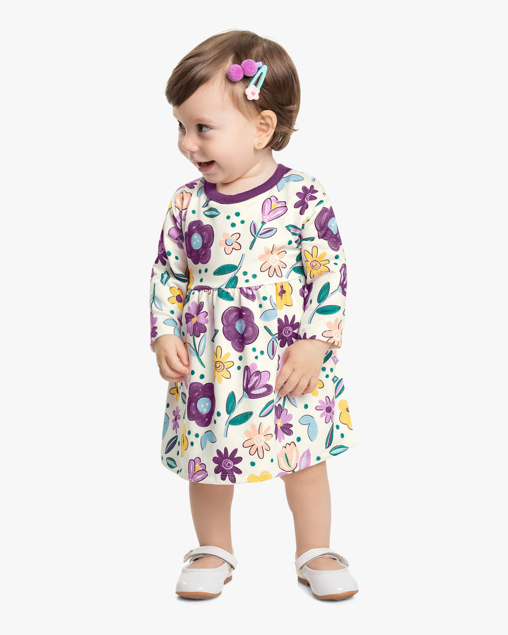 Vestido Infantil Manga Longa Estampado Kely Kety - Branco