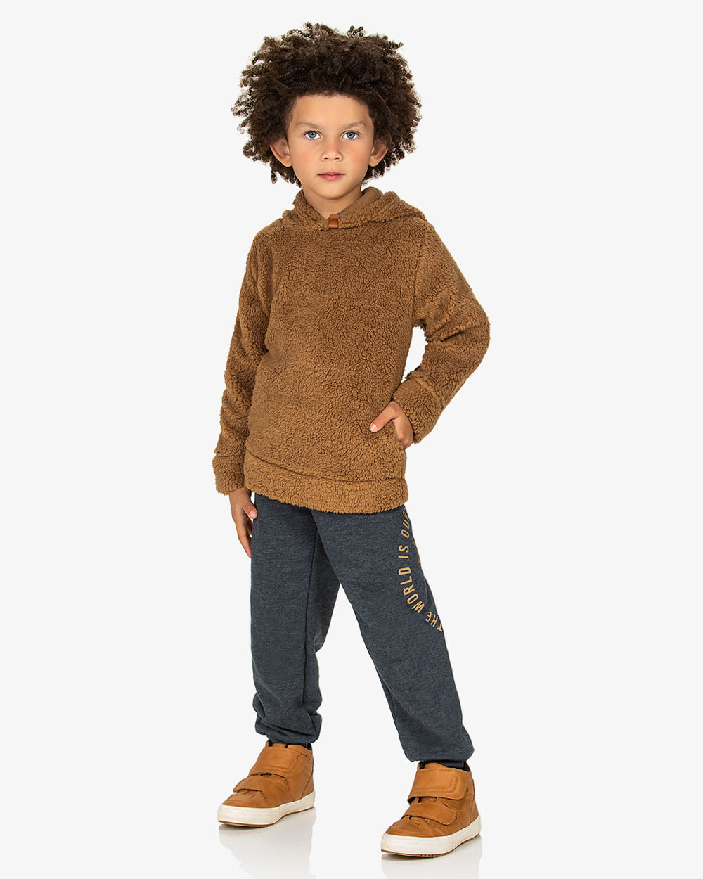 Conjunto Infantil Menino com Blusão em Pelo Teddy ReiRex - Marrom