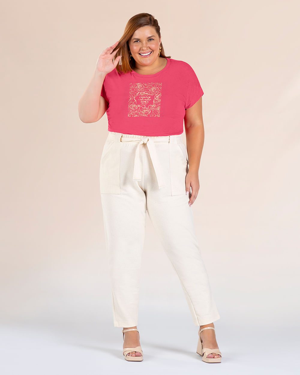 Blusa Manga Curta Plus Size com Estampa - Cereja Rosa - Rosa