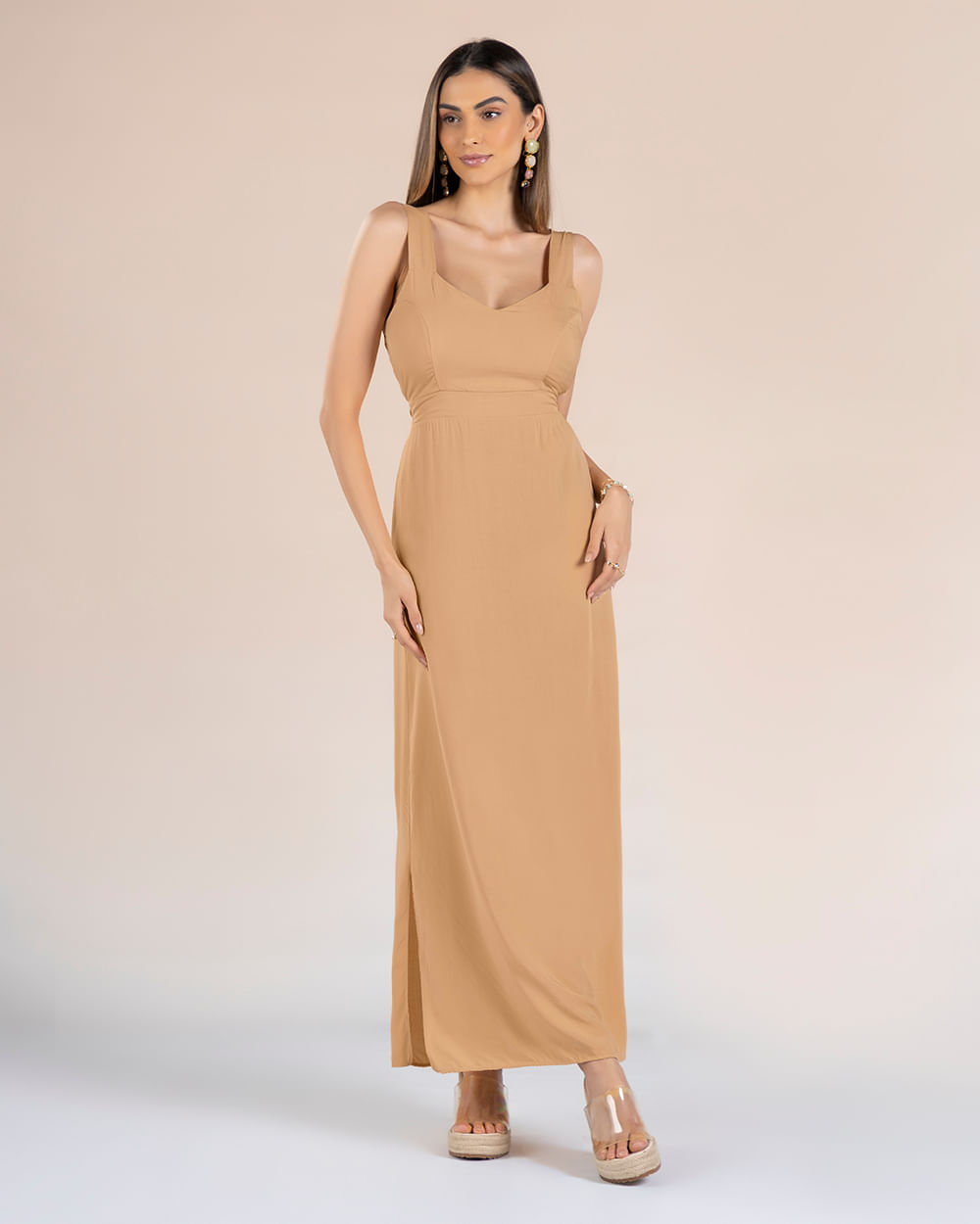 Vestido Longo em Viscose com Abertura Lateral - Cereja Rosa - Trufa