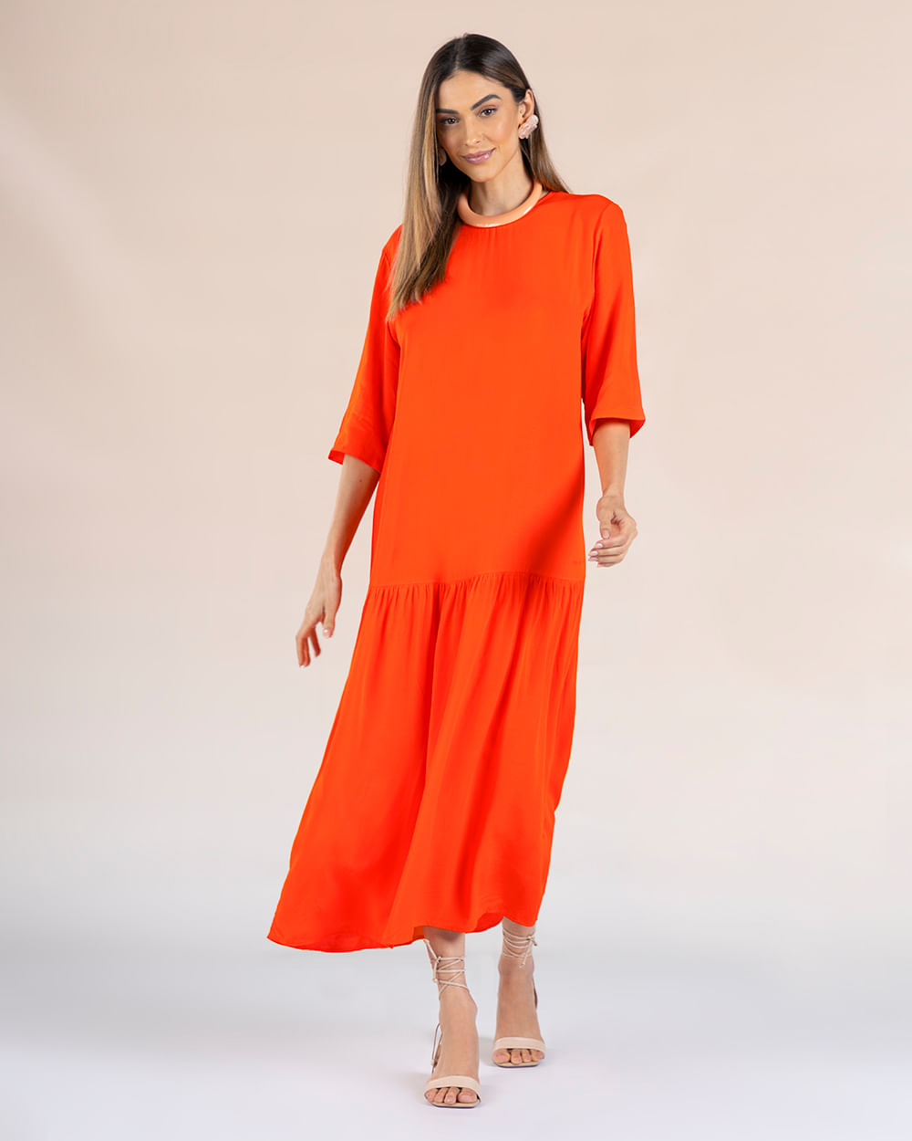 Vestido Midi em Viscose com Babado - Cereja Rosa - Ginger