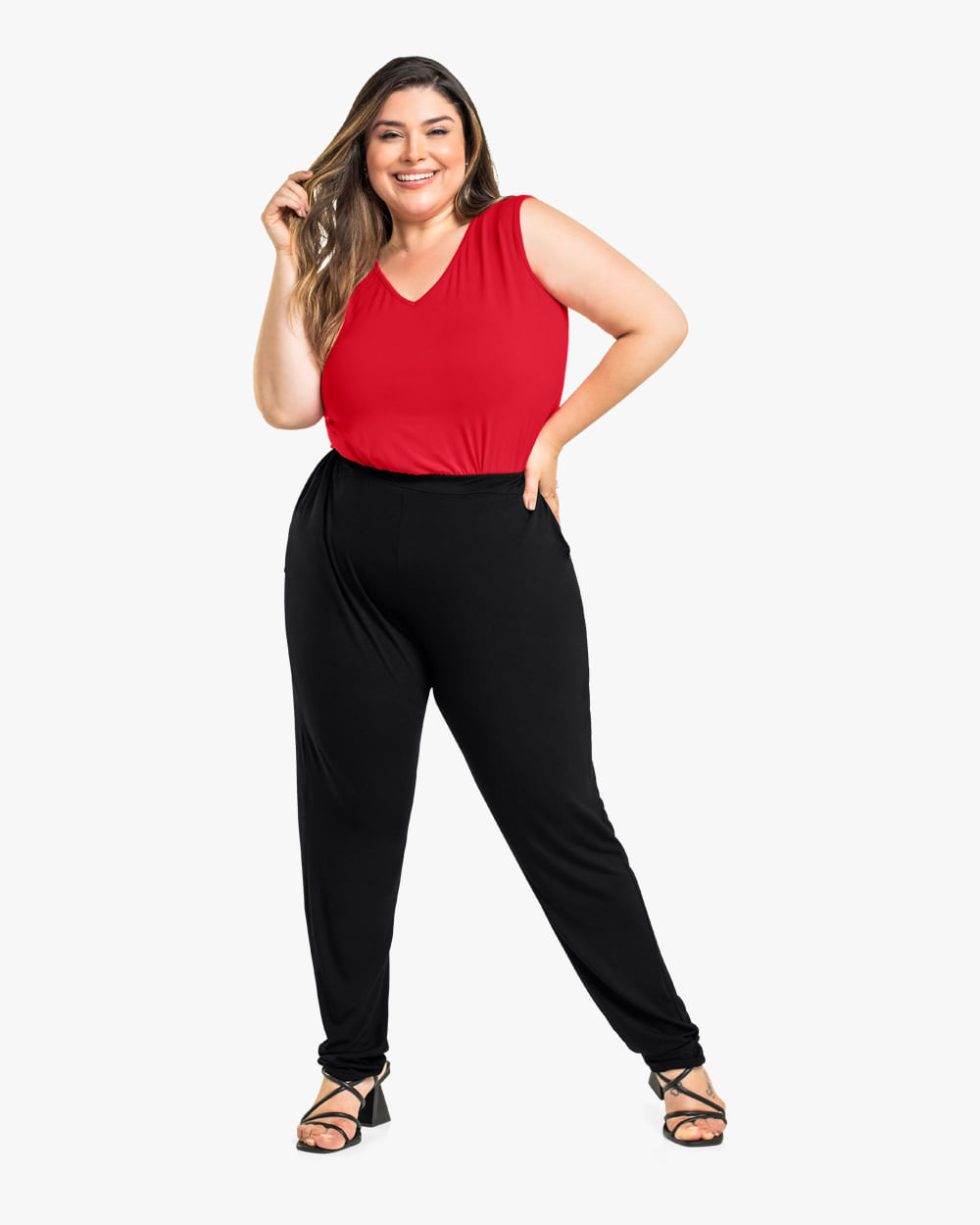 Calça Básica Feminina Plus Size em Viscose - Cereja Rosa - Preto