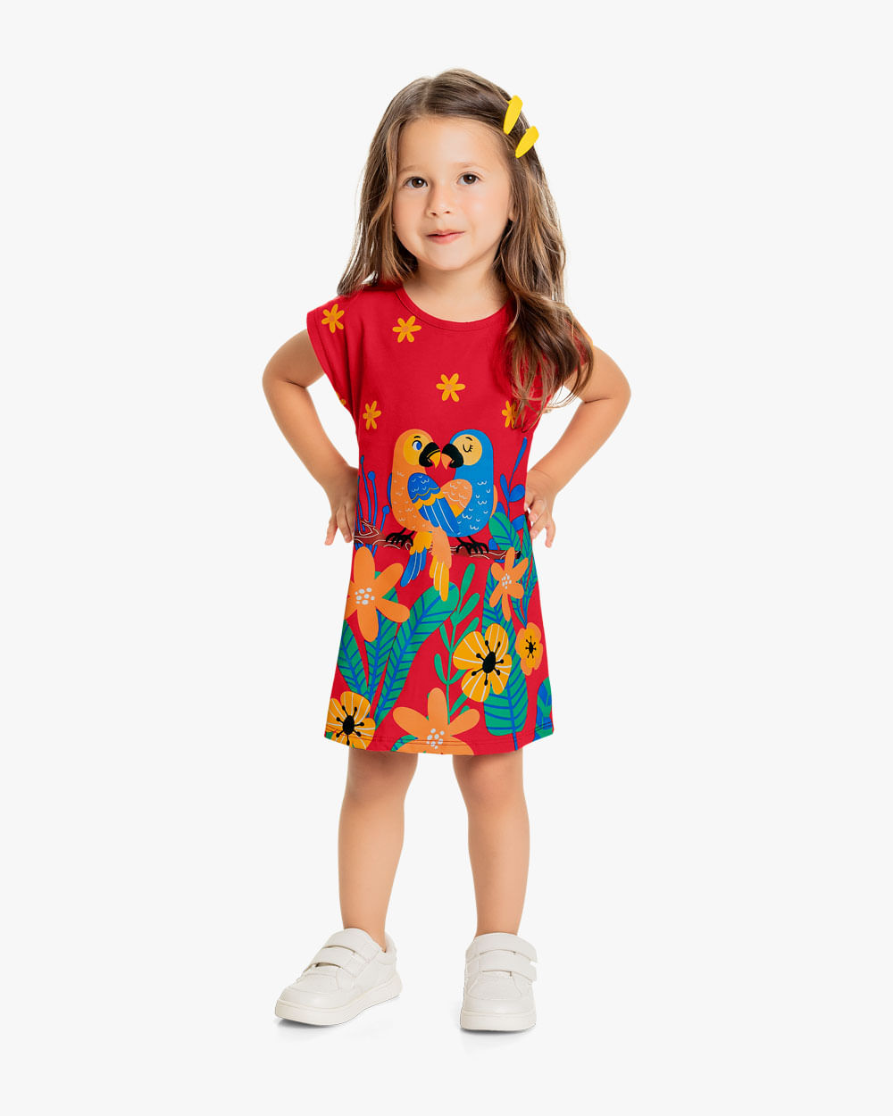 Vestido Infantil em Meia Malha Estampa Arraras - Kely Kety - Tomato