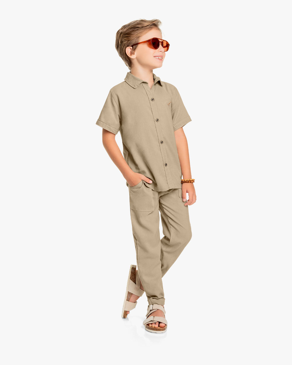 Camisa Infantil Masculino em Viscose Linho - ReiRex - Caqui