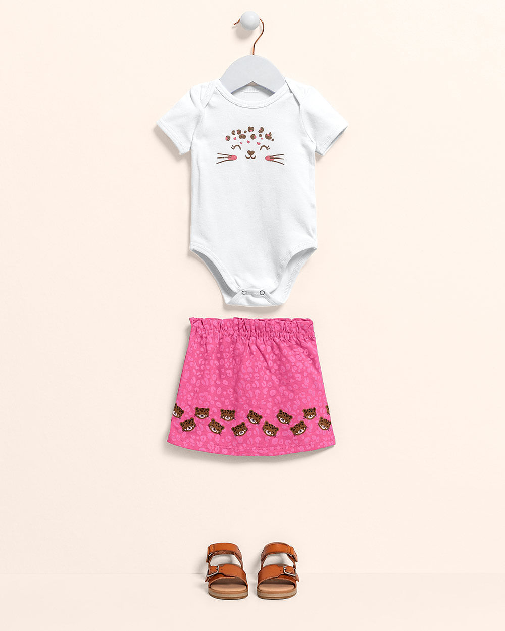 Conjunto Bebê Menina Body e Saia Oncinha - Kely Kety - Branco