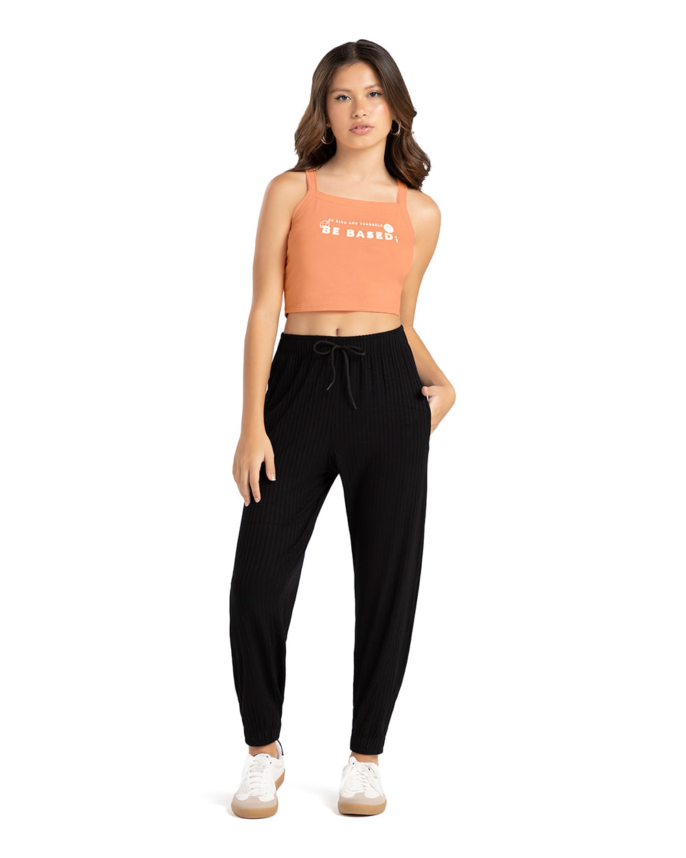 Calça Jogger Feminina Juvenil Canelada com Bolso - BaseD - Preto