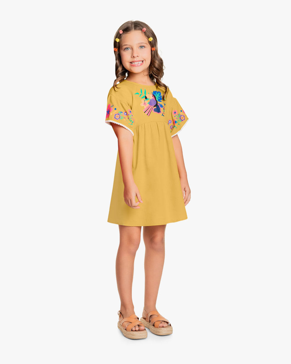 Vestido Infantil em Viscose Linho Estampa Tucano - Kely Kety - Mostarda