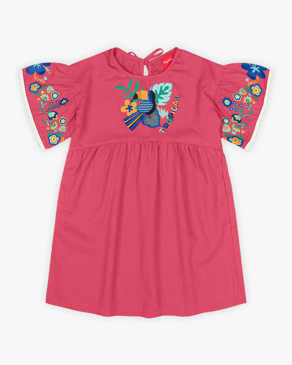 Vestido Infantil em Viscose Linho Estampa Tucano - Kely Kety - Rosa