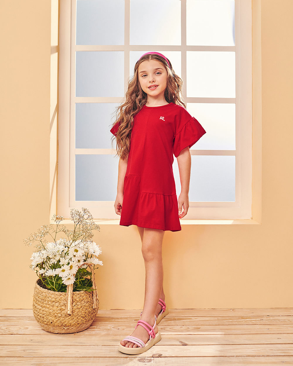 Vestido Infantil em Meia Malha com Babados - Kely Kety - Tomato