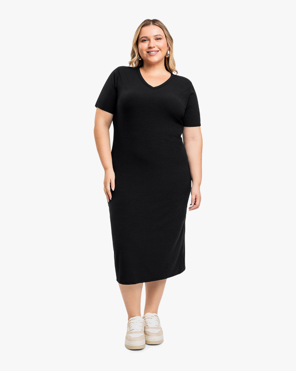 Vestido Midi Básico Plus Size em Ribana Canelada - Cereja Rosa - Preto