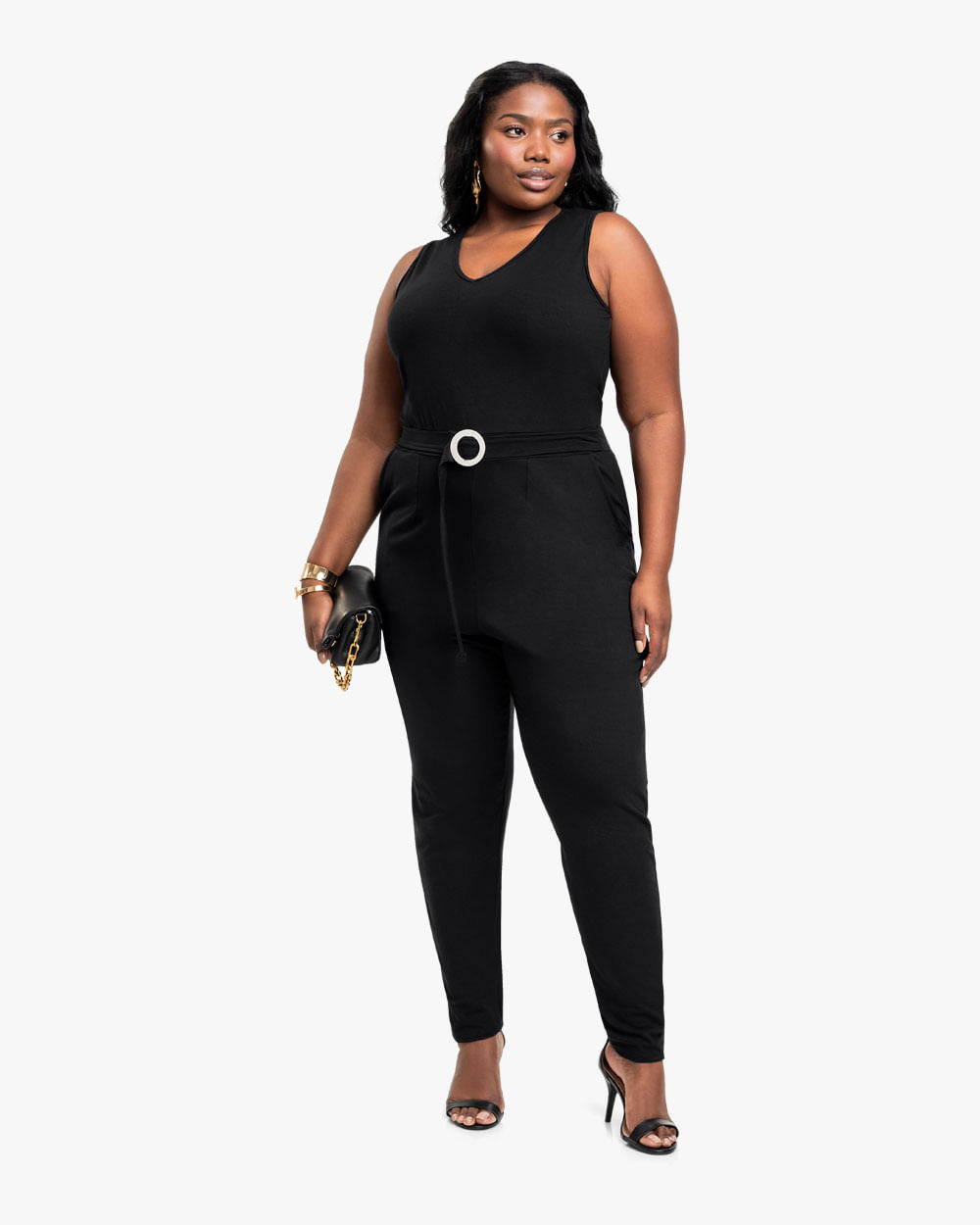 Macacão Longo Feminino Plus Size em Crepe - Cereja Rosa - Preto