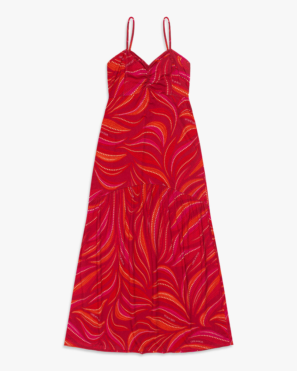 Vestido Midi Estampado com Alças Ajustáveis - Cereja Rosa - Carmim