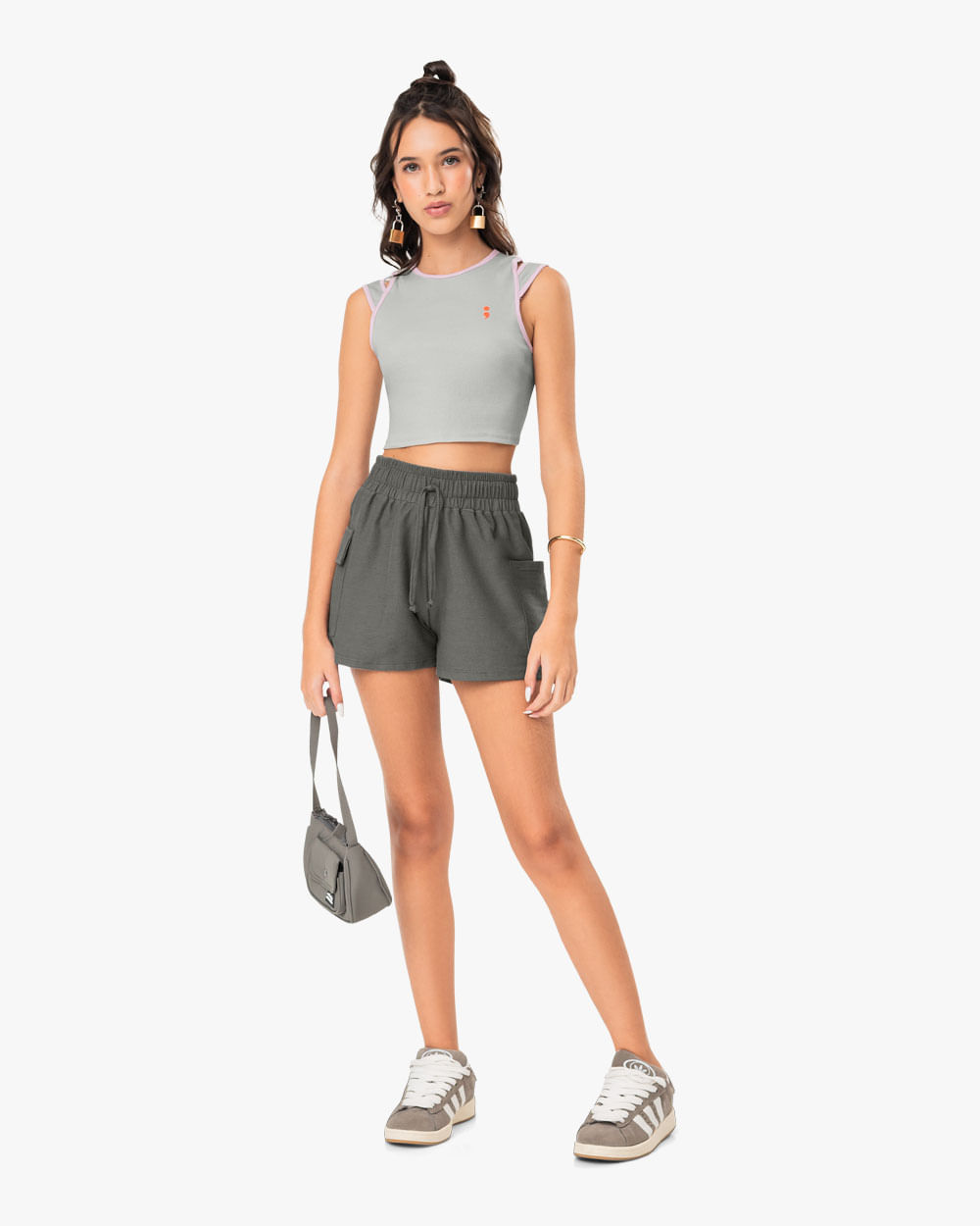 Shorts Feminino Juvenil em Moletinho com Bolso - BaseD - Dark Gray