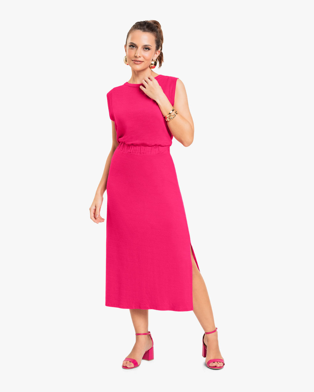 Vestido Midi com Fenda em Viscose - Cereja Rosa - Cherry