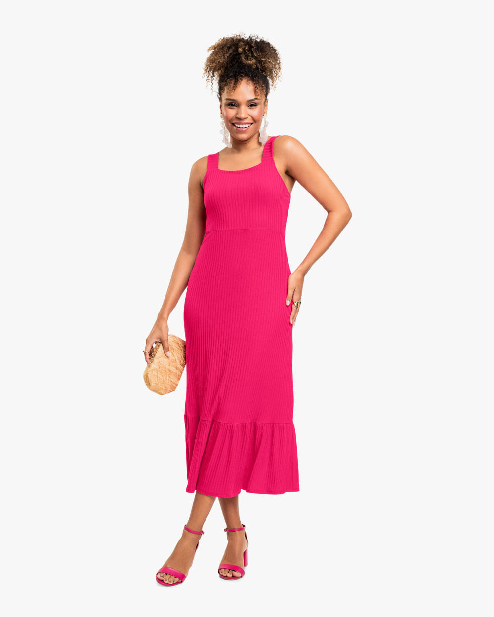 Vestido Midi com Babado Barra em Viscose Canelada - Cereja Rosa - Cherry