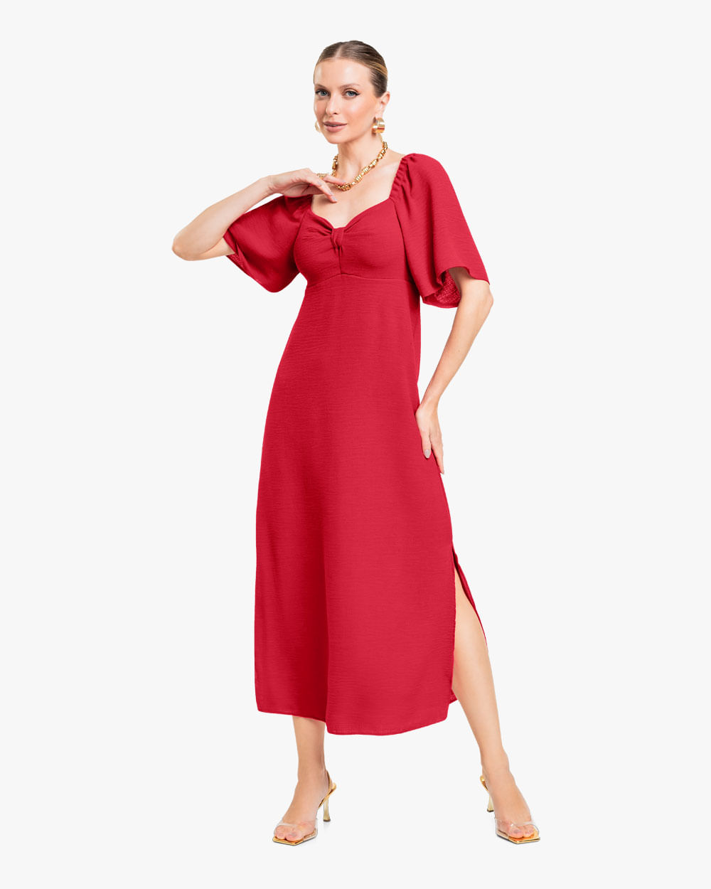 Vestido Midi com Manga Bufante - Cereja Rosa - Vermelho