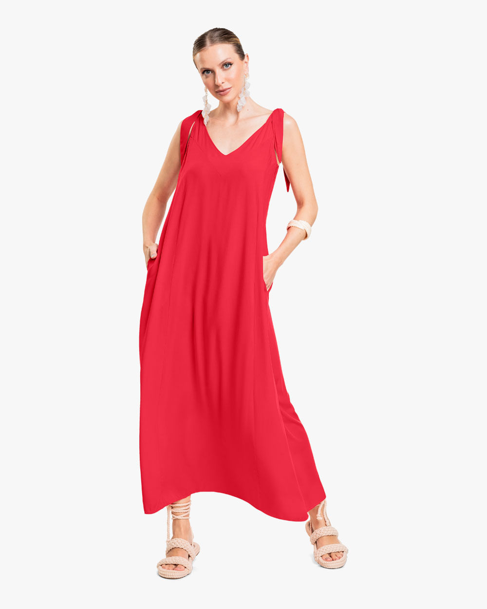 Vestido Midi com Amarração Ombro em Viscose - Cereja Rosa - Hibisco