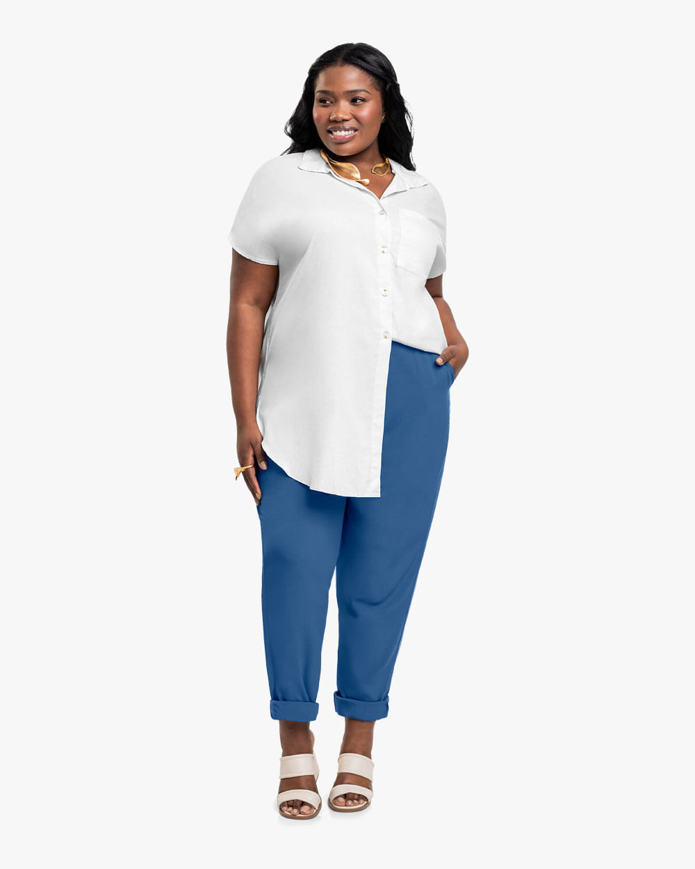 Camisa Long Feminina Plus Size em Viscose Linho - Cereja Rosa - Branco