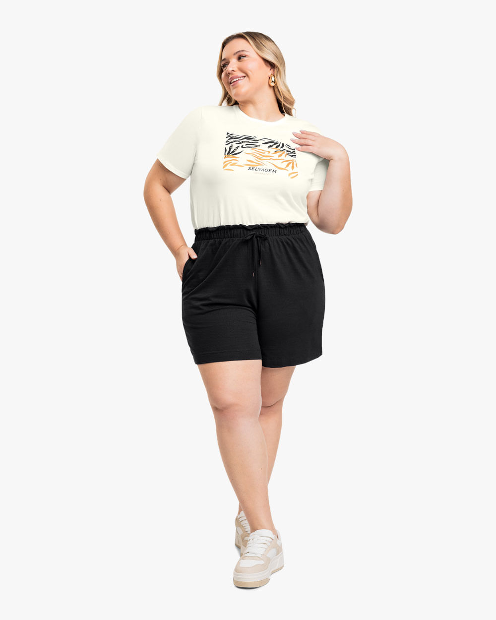 Shorts Feminino Plus Size em Viscose com Bolso - Cereja Rosa - Preto