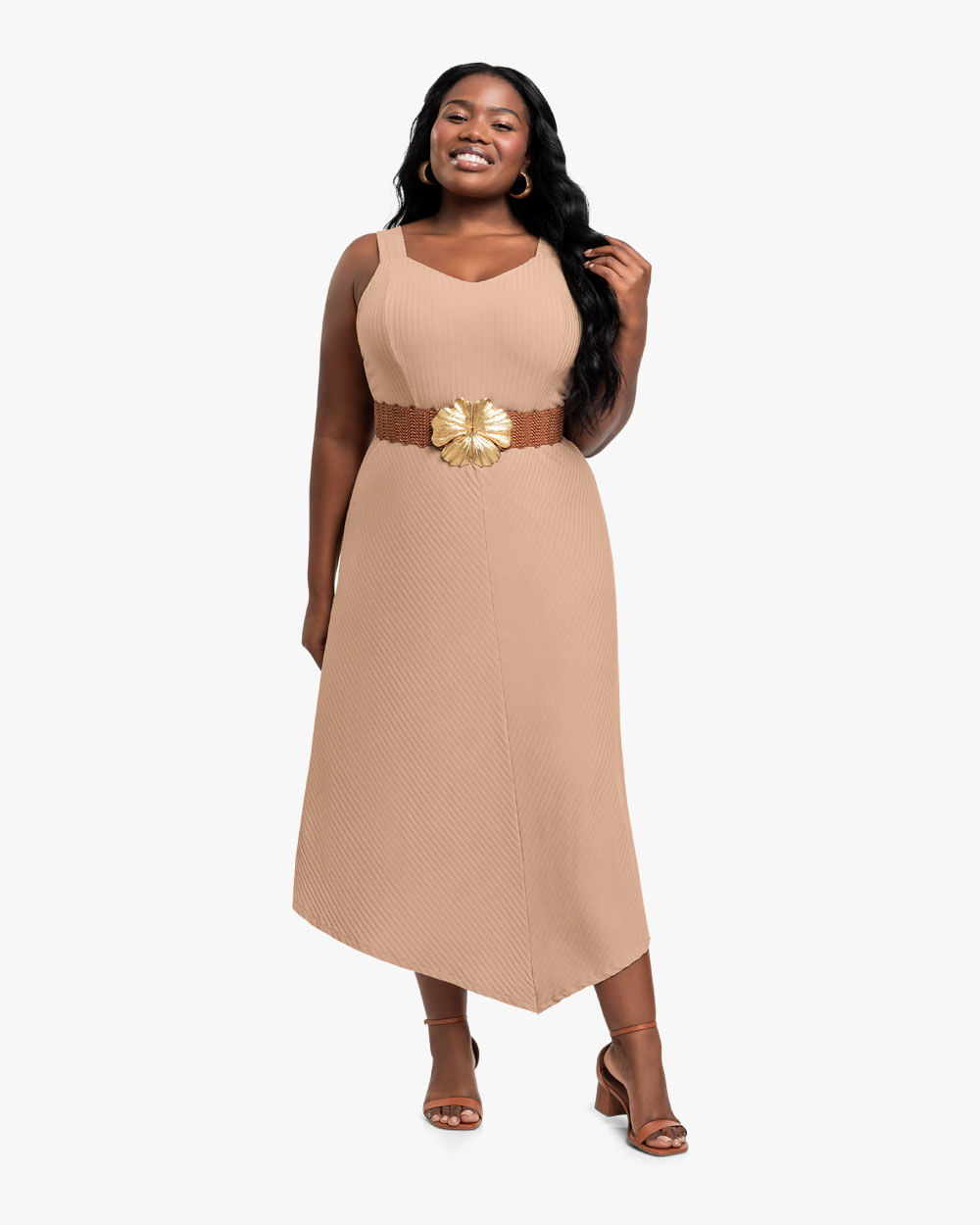 Vestido Midi Plus Size Canelado com Barra Assimétrica - Cereja Rosa -Toffee