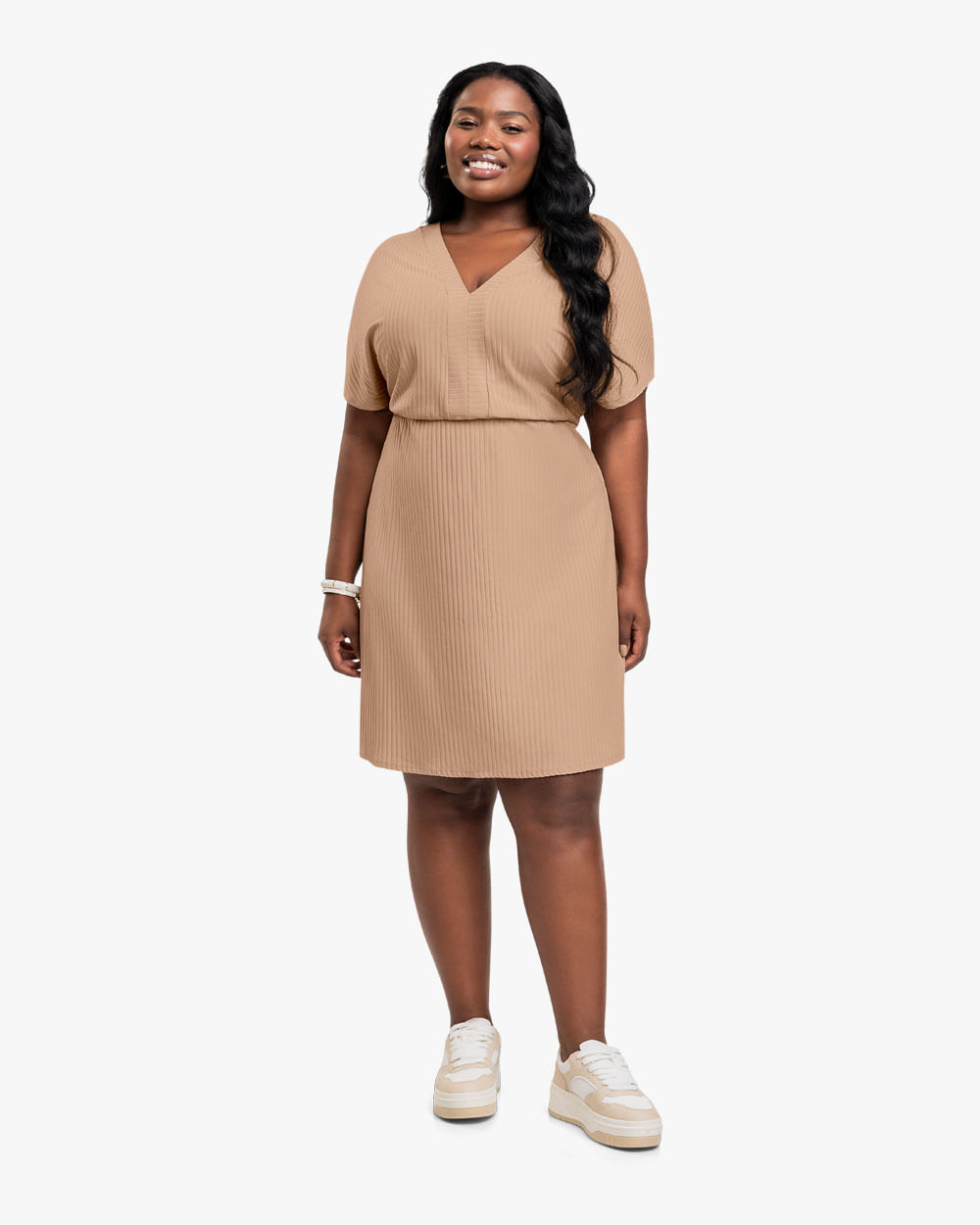 Vestido Curto Plus Size em Viscose Canelada - Cereja Rosa - Toffee