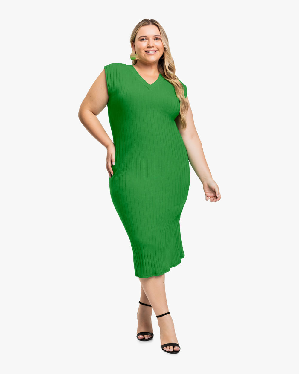 Vestido Midi Plus Size Canelado com Decote V - Cereja Rosa - Online