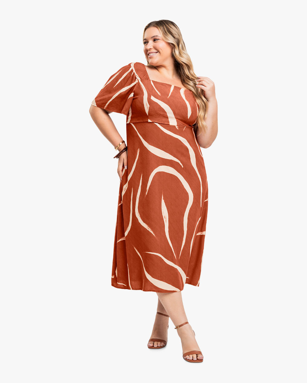 Vestido Midi Plus Size Evasê em Viscose - Cereja Rosa - Inca