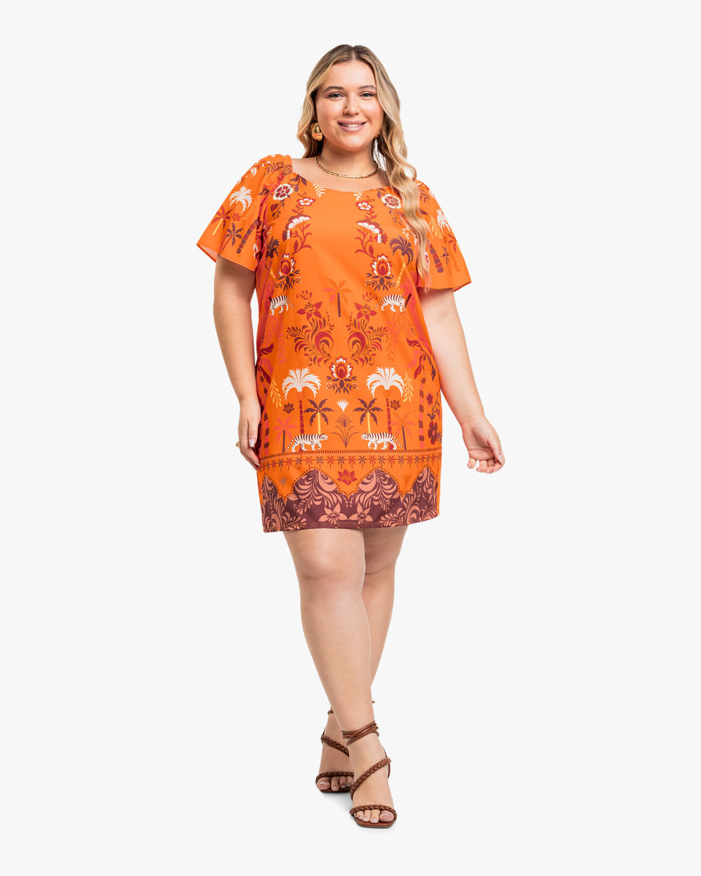 Vestido Curto Plus Size Estampado com Manga Bufante - Cereja Rosa - Nectarine