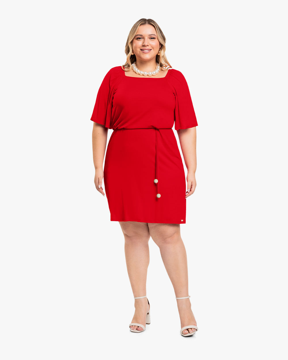 Vestido Curto Plus Size com Manga Flare - Cereja Rosa - Tomato